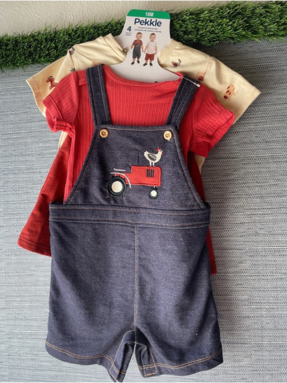Red Tee & Navy Denim Short Overalls Set
